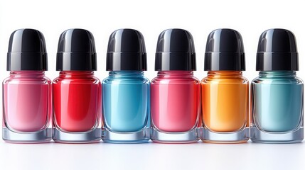Obraz premium Six Colorful Nail Polish Bottles in a Row Beauty Product Manicure Supplies Cosmetics