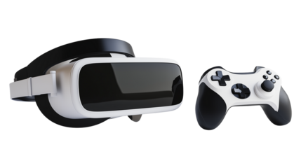Game controllers and the key to the virtual world, essential headsets and controllers for virtual reality gaming, virtual reality gear headsets and game controllers, on a transparent backgrounds 