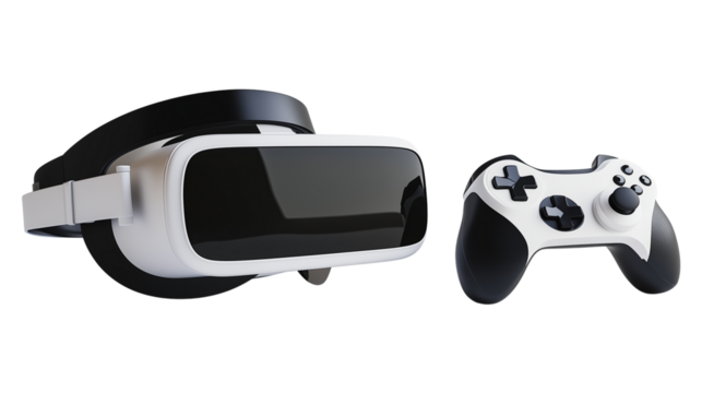 Game controllers and the key to the virtual world, essential headsets and controllers for virtual reality gaming, virtual reality gear headsets and game controllers, on a transparent backgrounds 