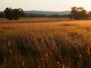 Golden field with grass and mountains at sunset background landscape