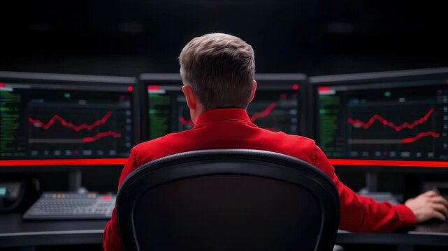 A focused individual analyzes financial data on multiple screens with red and green graphs in a modern trading environment.