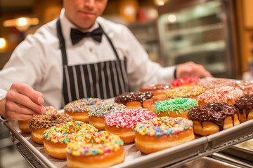 A batch of donuts mid-preparation under natural light, icing variations creating mouthwatering texture contrast, baker's movement frozen in focused detail.