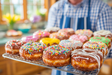 A batch of donuts mid-preparation under natural light, icing variations creating mouthwatering texture contrast, baker's movement frozen in focused detail.