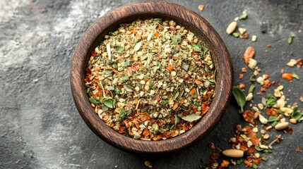 Aromatic Italian Herb Blend in Wooden Bowl, Close-Up View
