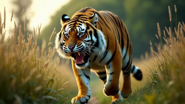 Saber toothed tiger leaps and snarls in slow motion with grass swaying in sunlight