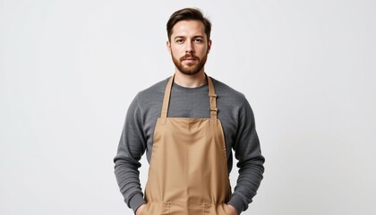 Fototapeta premium Confident Male Model in Apron Posing for Portrait Against White Background