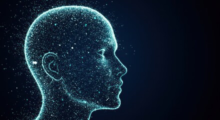 Digital human head silhouette made of dots and lines on dark background.