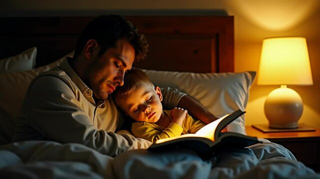 Father reads bedtime story as child cozies up, eyes slowly closing in warm, soft light while cuddling in cozy bedroom setting