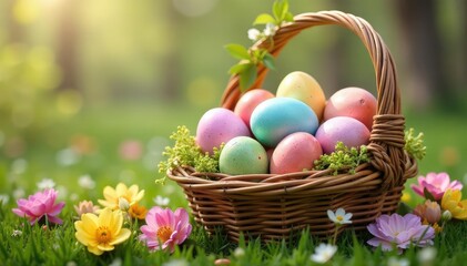 Colorful Easter eggs displayed in a basket, surrounded by spring flowers and greenery , tulips, decorated eggs, holiday decorations