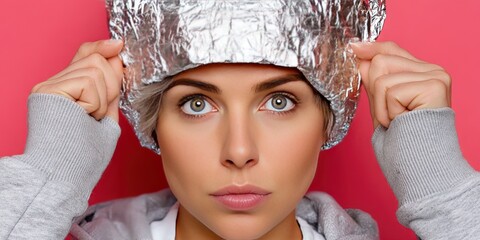 woman wearing a tinfoil hat, conspiracy theorist acting smart 
