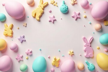 Vibrant pastel eggs and bunny shapes create a cheerful Easter pattern background , festive, pastel background, decoration