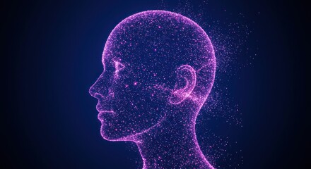Digital rendering of a human head and shoulders in a dark blue space.