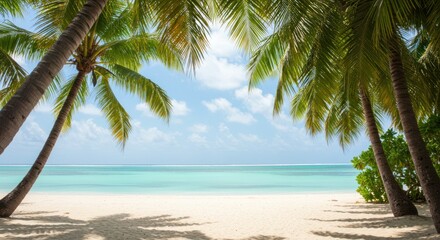 Tropical beach with palm trees white sand and blue ocean on a sunny day.