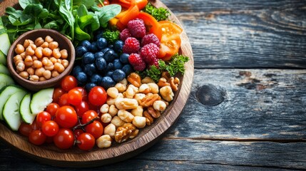 Vibrant and Healthy Vegan Food Platter on Rustic Wooden Background