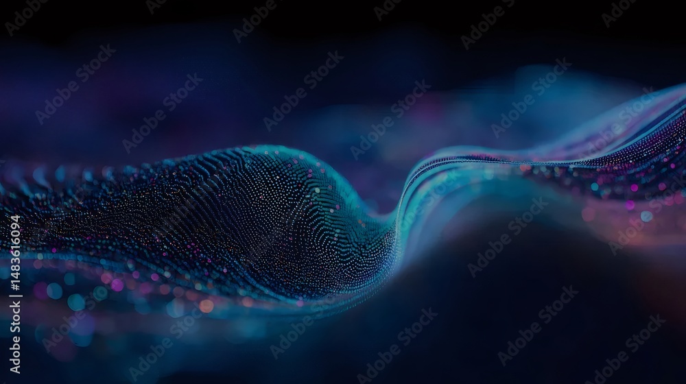 Poster 紫とシアンの流れる波状の粒子の背景抽象的なデザインテクノロジーネットワークとデータ可視化未来的なアートスタイル