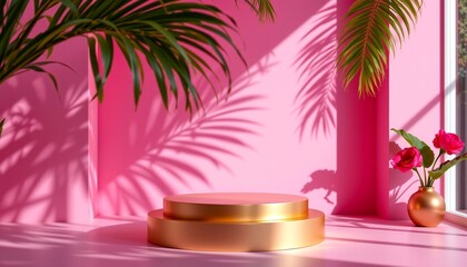 Obraz premium a vibrant indoor setting with a pink accent wall that creates a striking contrast against the greenery of the potted plants placed in front of it