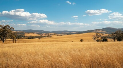 Fototapeta premium Serene Australian Outback Landscape Golden Grasslands Under a Blue Sky