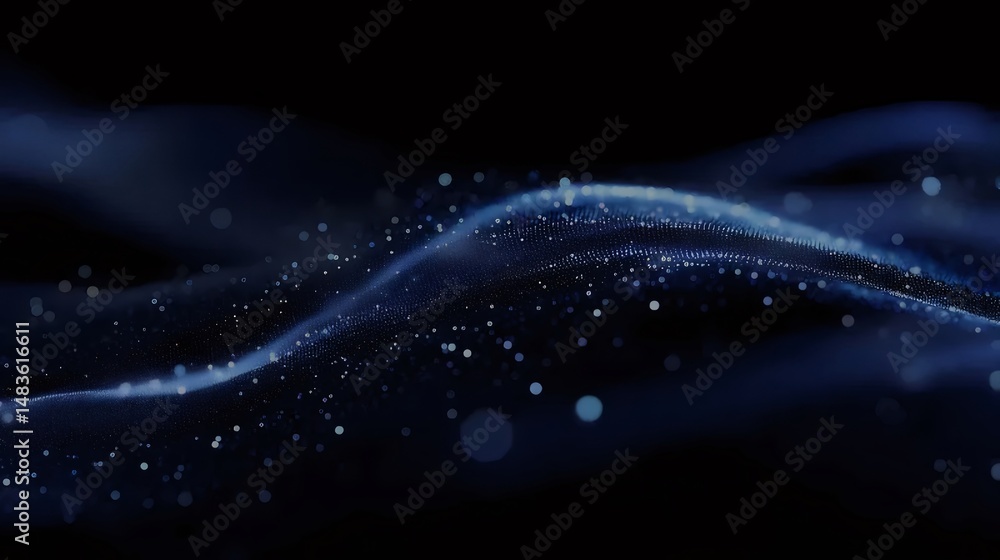 Aufkleber 抽象的な青い波状の粒子が暗い背景に浮かぶデジタルアートワーク デザインの要素に重点を置いた未来的な滑らかなグラデーション効果