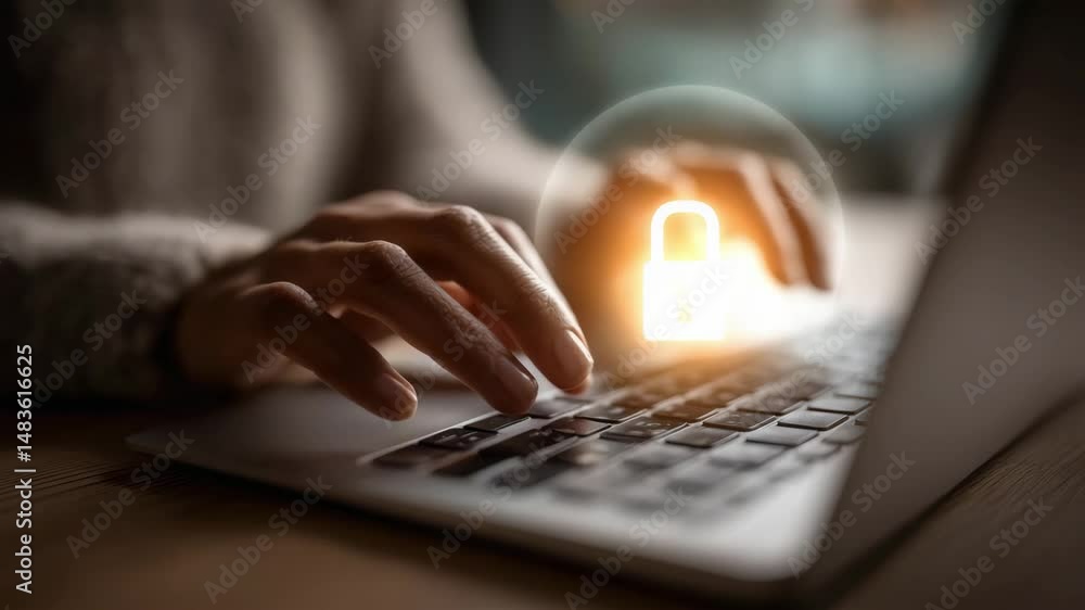 Aufkleber close-up of hands typing on a laptop keyboard with a glowing padlock icon, symbolizing online securi