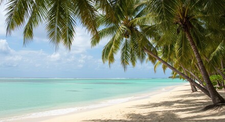 Tropical beach with palm trees white sand and turquoise water under blue sky.