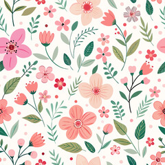 Delicate floral pattern with various blossoms and foliage in pastel shades on a white background