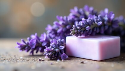 Fototapeta premium Close-up of lavender flowers and a bar of soap Fragrant, relaxing, spa-like scene , homemade, floral