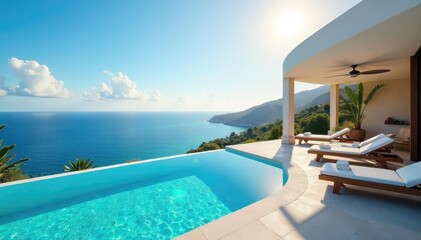 Fototapeta premium Sun-drenched coastal villa with infinity pool, resort, luxury