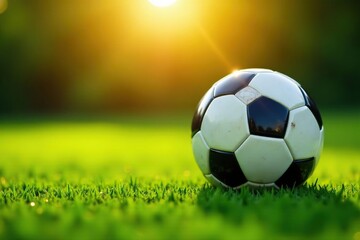 New soccer ball on green grass field, sunlight, grass texture, outdoor sports, sunlight