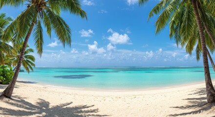 Tropical beach scene with palm trees white sand and turquoise ocean water.