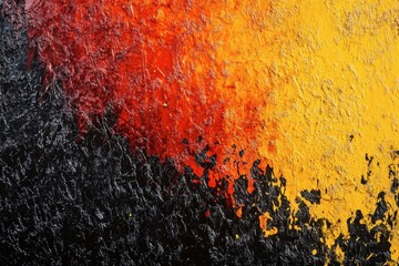 Vibrant abstract painting with red, yellow, and black.