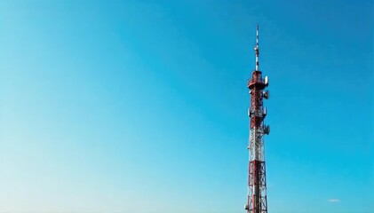 Obraz premium Tall broadcast tower against a clear blue sky, antennas reaching high , tall, receive, support