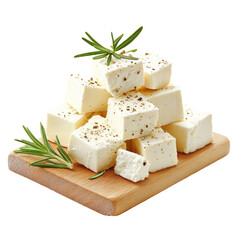 Isolated Feta Cheese Cubes with Rosemary on Wooden Board