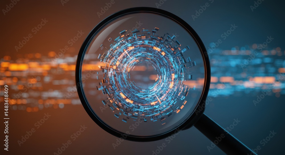 Poster magnifying glass focuses on a complex network against a blurred background.