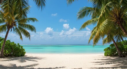 Tropical beach scene with palm trees white sand and turquoise water.