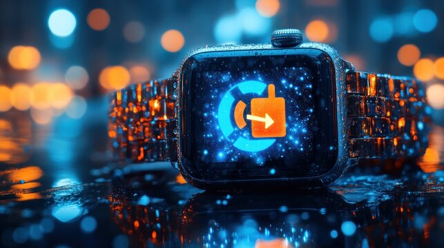 Smartwatch displaying charging icon in vibrant city lights