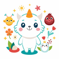 Cute, whimsical creature surrounded by flowers, stars, and other playful elements