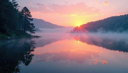 Misty dawn over tranquil lake, fog rolling in , trees, sunrise