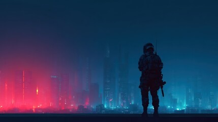 Fototapeta premium Night Sentinel: A lone soldier stands guard over a futuristic cityscape bathed in neon hues, a captivating blend of military presence and urban fantasy.