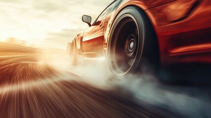 Fast red sports car on a dusty road at sunset.