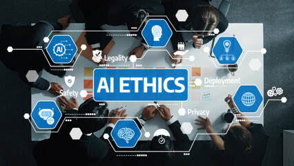 A high-angle view of a collaborative meeting focused on AI ethics, showcasing diverse participants...