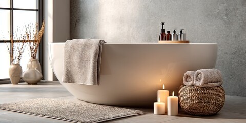 A luxurious bathroom with a freestanding bathtub, surrounded by candles and soft lighting, 