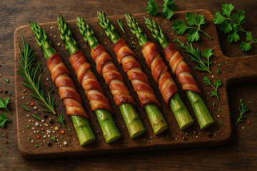 Delicious green asparagus wrapped in crispy bacon strips on rustic cutting board with herbs and spices