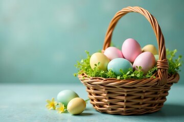 Rustic woven Easter basket filled with pastel eggs and greenery , leaves, bunny, tulip