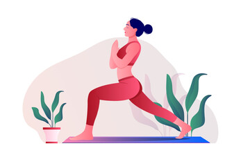Woman doing yoga vector flat illustration on nature background