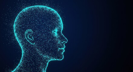 Digital human head outline composed of glowing dots against a dark background.