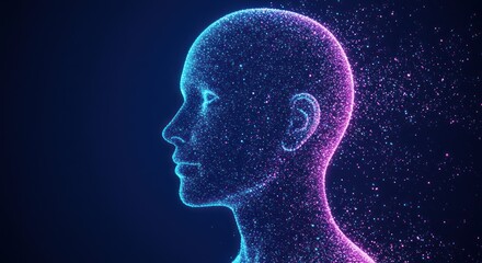 Digital human head profile with glowing particles against a dark blue background.