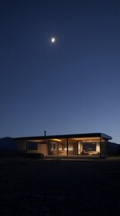 Fototapeta premium Single-family home with a kitchen captured in moonlit night, showing modern architecture, detailed textures, and clean surroundings.