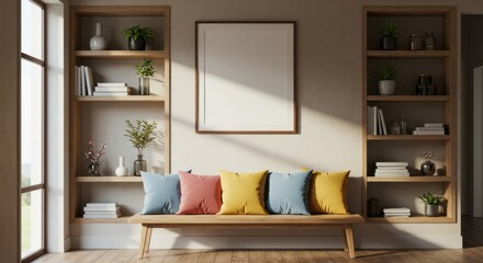 Interior with shelves bench pillows and frame mockup sunlight coming through window.