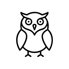 Minimalist black outline vector icon of an owl with big eyes, symbolizing wisdom, night, and nature in a clean and simple design.
