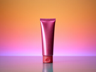 Pink cosmetic tube against a vibrant gradient backdrop for skincare product advertisement